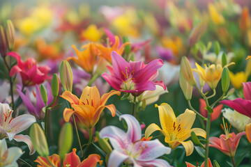 Lily flowers of different shades decorate a spacious field
