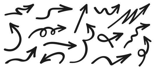 Black hand drawn arrows set. Twisted curved arrows. Doodle sketch curved and swirly arrows
