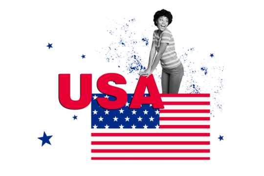 Composite collage image of funny cheerful female national independence america day fourth july concept weird freak bizarre unusual fantasy