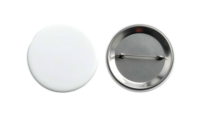 A pair of blank circular button pins, one showing the front and the other the pin back