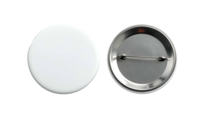 A pair of blank circular button pins, one showing the front and the other the pin back