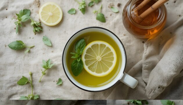 Top view of green tea cup with lemon slice, mint leaves, and honey jar on linen fabric.