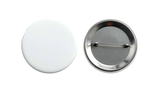 A pair of blank circular button pins, one showing the front and the other the pin back