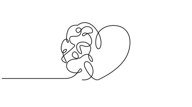 Self drawing line animation half human brain and love continuous one single line drawn concept. Full length animation