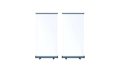 Two vertical white rectangular displays side by side against a stark black background