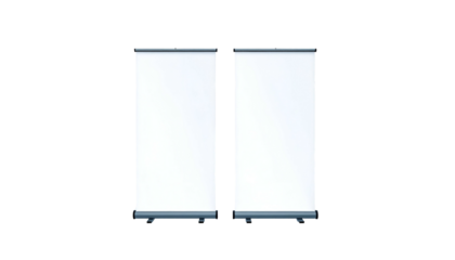 Two vertical white rectangular displays side by side against a stark black background