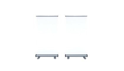 Two blank, vertical roll-up banner displays isolated on black background, ready for content
