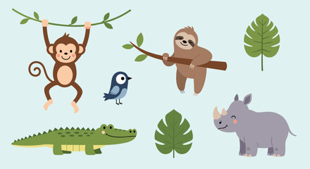 Naklejka premium Cute jungle animals including a monkey a sloth a rhino and a crocodile with leaves.