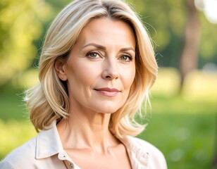 Fototapeta premium A portrait of a middle-aged woman with blonde hair and a serene expression outdoors, with a soft, natural background