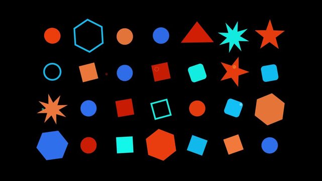 A colorful collection of geometric shapes including circles, squares, hexagons, triangles, and stars on a black background