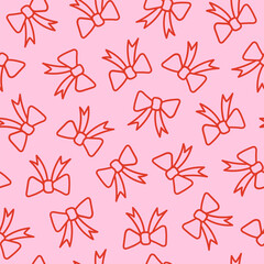 Elegant seamless pattern of red tied bows on a pink  background. Trendy repeat texture for wedding, holiday, party decoration, gift, present concept, wrapping paper. Vector illustration