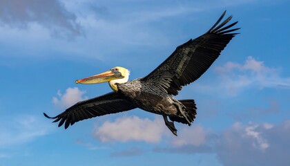 Large brown pelican soaring high against a bright blue and cloudy sky
