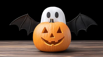 Carved Orange Pumpkin with Ghost and Bat Wings on Dark Wood