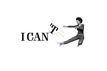 Composite trend artwork 3D sketch image photo collage of copyspace miniature young woman levitate kick leg i can slogan motivation