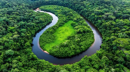 Aerial View of a Meandering River in a Lush Green Rainforest