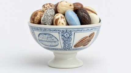 Assorted Chocolate Candies in Ornate White Bowl