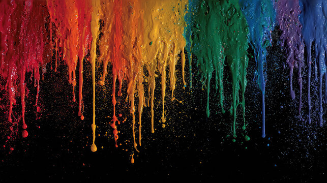 Rainbow paint drips across black. Creates abstract textures with bold color, ideal as a backdrop for posters or a background for product photography.