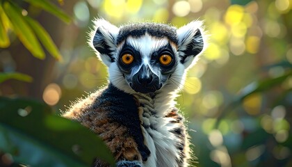 Naklejka premium A ring-tailed primate with piercing orange eyes stares intently from amongst lush green foliage bathed in sunlight