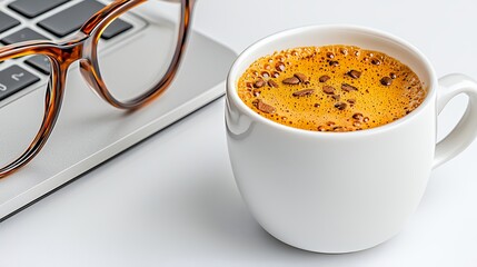 Closeup of Coffee Cup with Laptop and Eyeglasses on White Desk