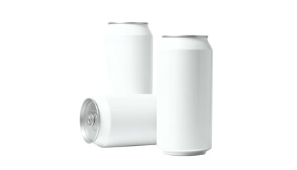 Three plain, white beverage cans, one upright, two leaning against each other, on black