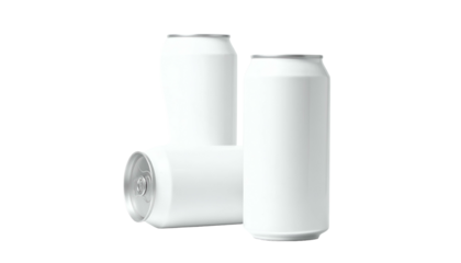 Three plain, white beverage cans, one upright, two leaning against each other, on black