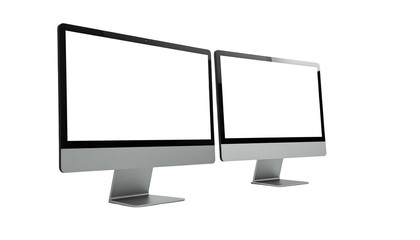 Two modern computer monitors with bright, blank screens set against a black background