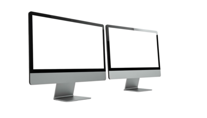 Two modern computer monitors with bright, blank screens set against a black background