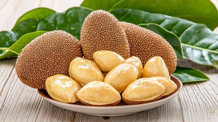 Closeup of Exotic Brown and Yellow Fruits on Plate with Green Leaves
