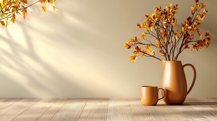 Autumnal Still Life Yellow Flowers in Brown Pitcher and Mug