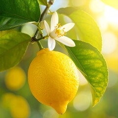 Close-up of ripe citrus fruit with blossom and leaves, sunny outdoors