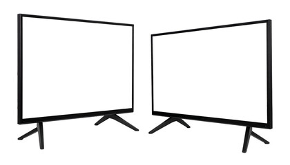 Two flat-screen monitors displayed side-by-side, each on a stand, showcasing a black screen