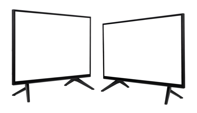 Two flat-screen monitors displayed side-by-side, each on a stand, showcasing a black screen