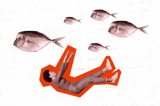 Composite trend artwork sketch image photo collage of silhouette young lady fall down diving sink water fish swim nature fishing food