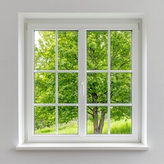 Bright Green Tree View Through White Window Frame