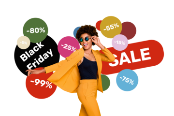Composite photo collage of happy american girl wear sunglass suit percentage sale black friday offer bargain isolated on painted background
