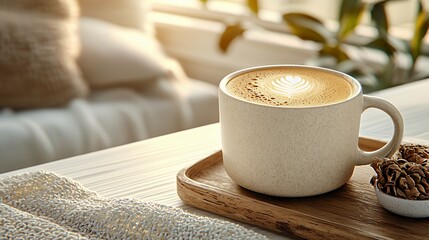 Cappuccino in Speckled Mug on Wooden Tray in Soft Morning Light