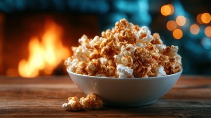 A tempting bowl of popcorn sits invitingly in the foreground, complementing the warm glow of a fireplace in the background, perfect for a cozy movie night.