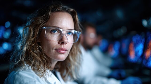 A determined female scientist wearing glasses focuses intently in a high-tech laboratory, emphasizing innovation and scientific discovery in her work environment.