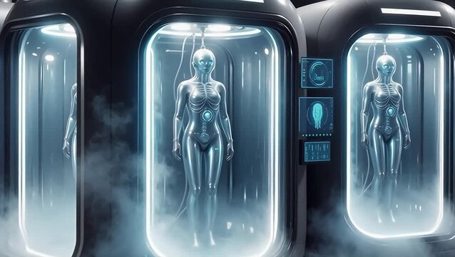 Cinematic dolly shot moving past glowing cryo capsules emitting cold mist. Futuristic humanoid figures rest inside transparent chambers illuminated by blue-white light, biometric holographic displays