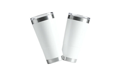 Two white insulated tumblers with silver accents, floating against a black background