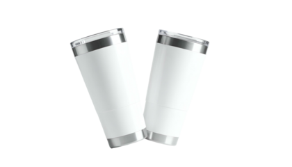 Two white insulated tumblers with silver accents, floating against a black background
