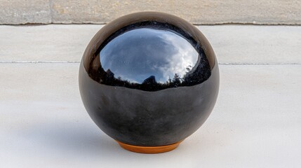 Glossy Black Sphere with Sparkles on Wooden Base