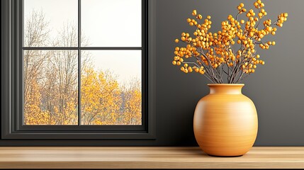 Autumnal Still Life Yellow Berries in Wooden Vase by Window