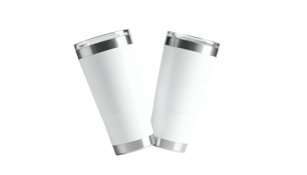 Two white insulated tumblers with silver accents, floating against a black background