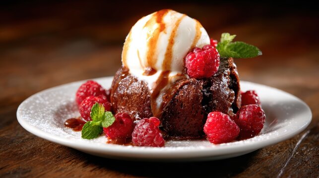 An indulgent chocolate dessert is plated with vanilla ice cream and fresh raspberries, showcasing a delightful treat that promises to satisfy any sweet tooth. - Powered by Adobe