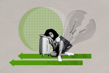 Composite creative art collage of upset businesswoman sit cracked light bulb arrow regress...