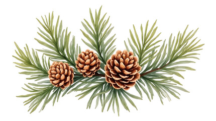 Fototapeta premium Pinecone and Evergreen Branch with Green Needles on Transparent Background for Holiday Decoration