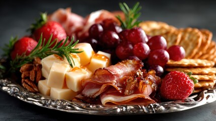 An exquisite gourmet platter featuring an array of delicious delicacies like fruits, cheese, and meats, perfect for gatherings, showcasing culinary art and aesthetic presentation.