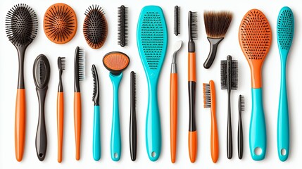 Assortment of Grooming Brushes with Orange and Teal Handles on White Background