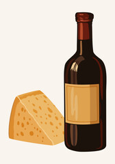 Parmesan and bottle of wine. Vector isolated illustration